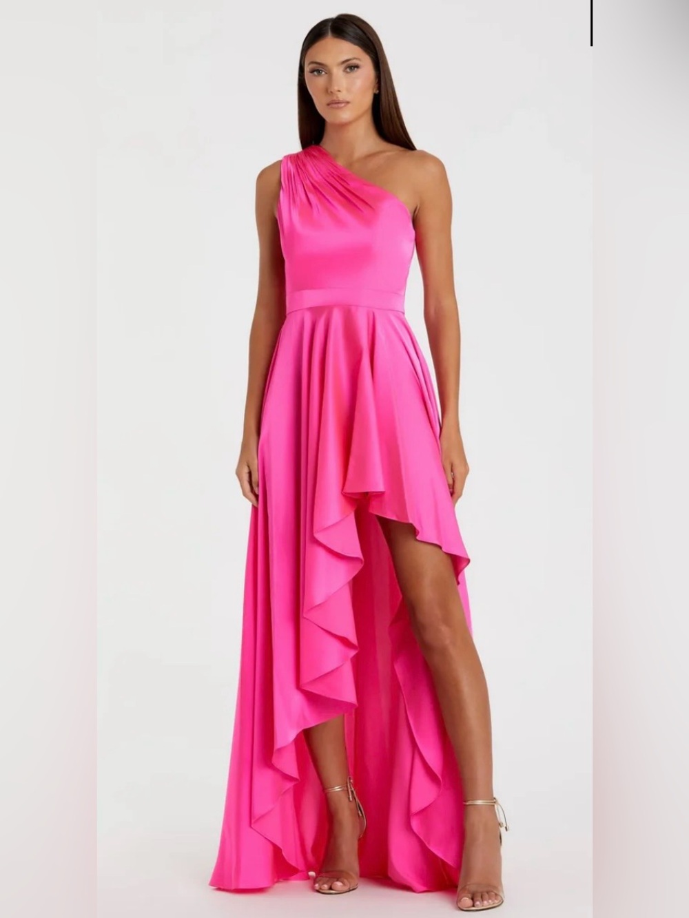 NWT Mac Duggal 49668 Hot Pink One Shoulder High Low Satin Gown L $398